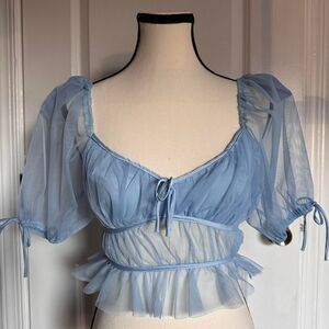 Women's Baby Blue Powder Blue Tulle Puff Sleeve Crop Top, S Pastel Feminine